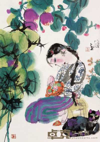 张培成 晚荷仕女图 镜心 63×45cm